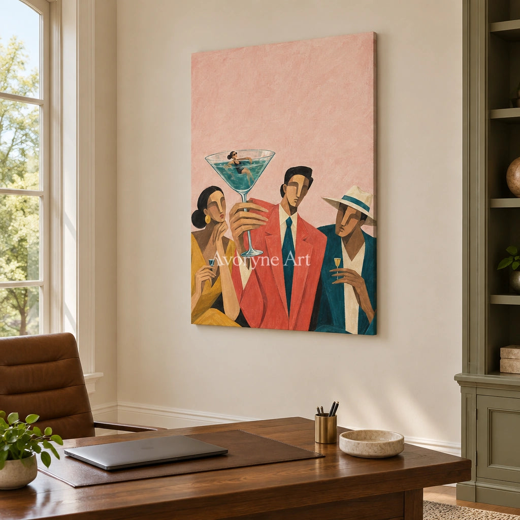 Lucent Echo figure and glass wall art as a frameless stretched canvas in a home office