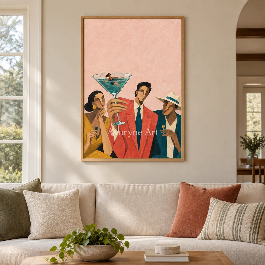 Lucent Echo figure and glass wall art with a wood frame in a villa living space