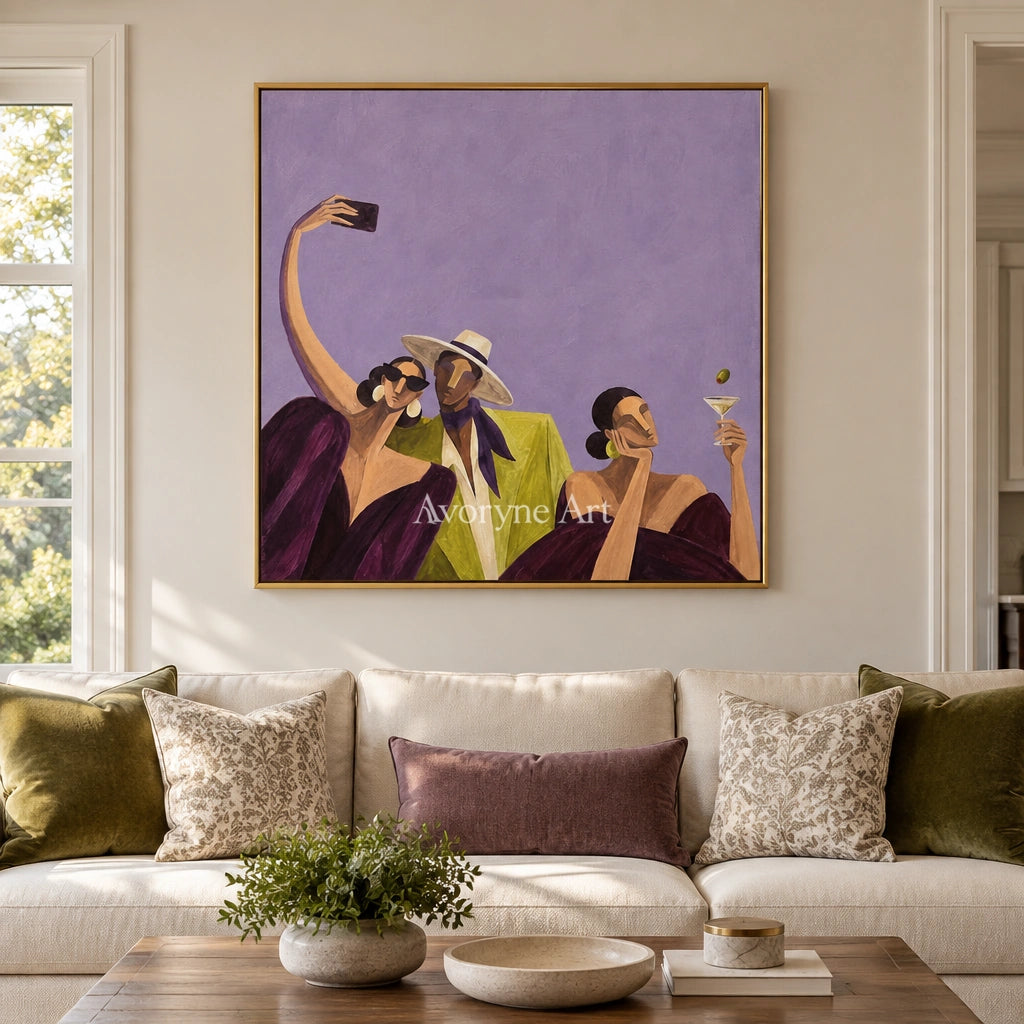 Lucent Rhythm figure and glass wall art with a gold frame hanging in a living room