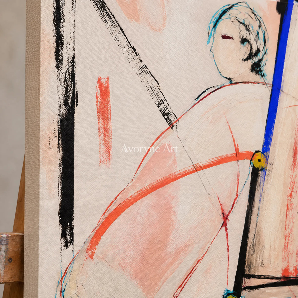 Close-up of the hand-painted texture of Clear Memory figure line wall art on an easel