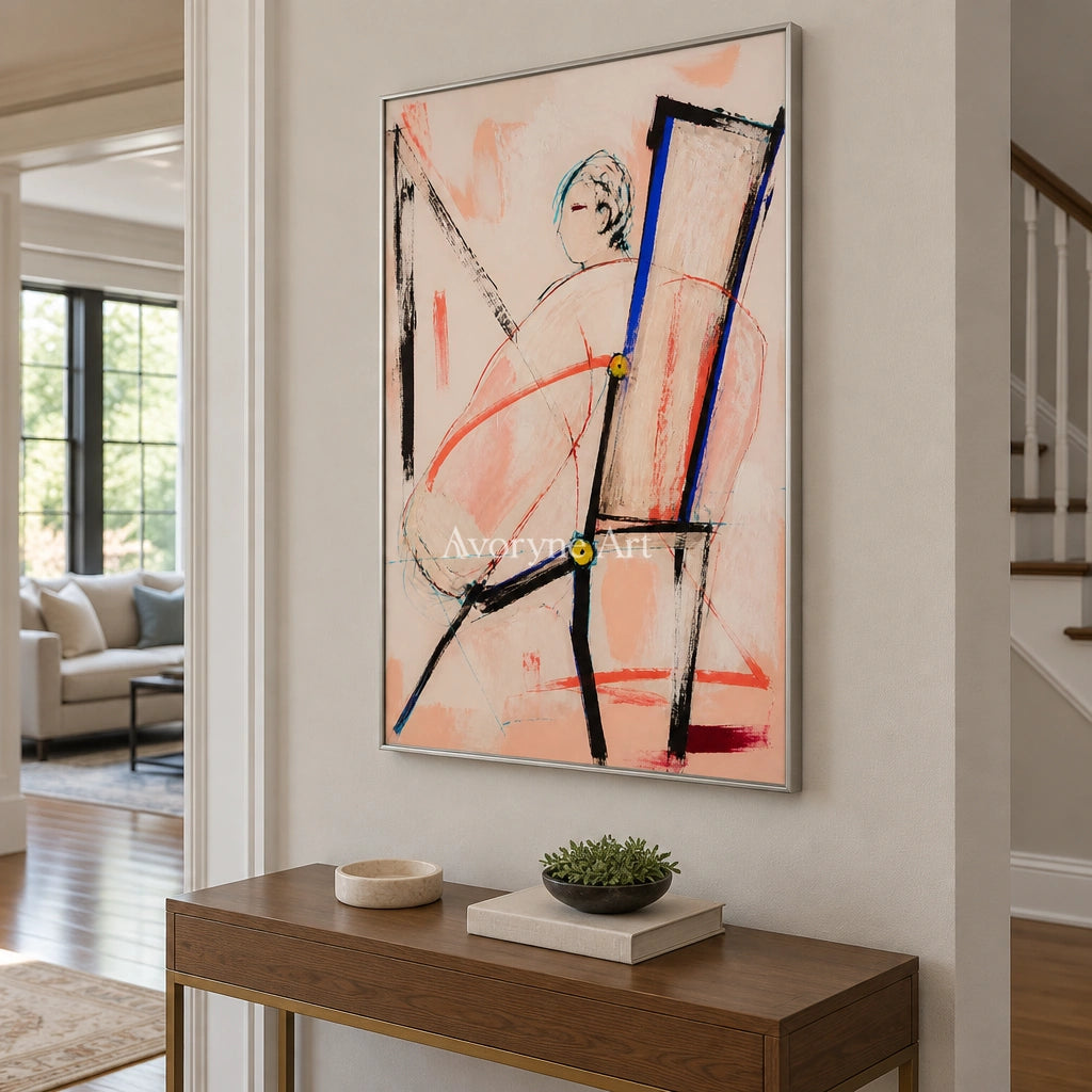 Clear Memory figure line wall art with a silver frame in an entryway