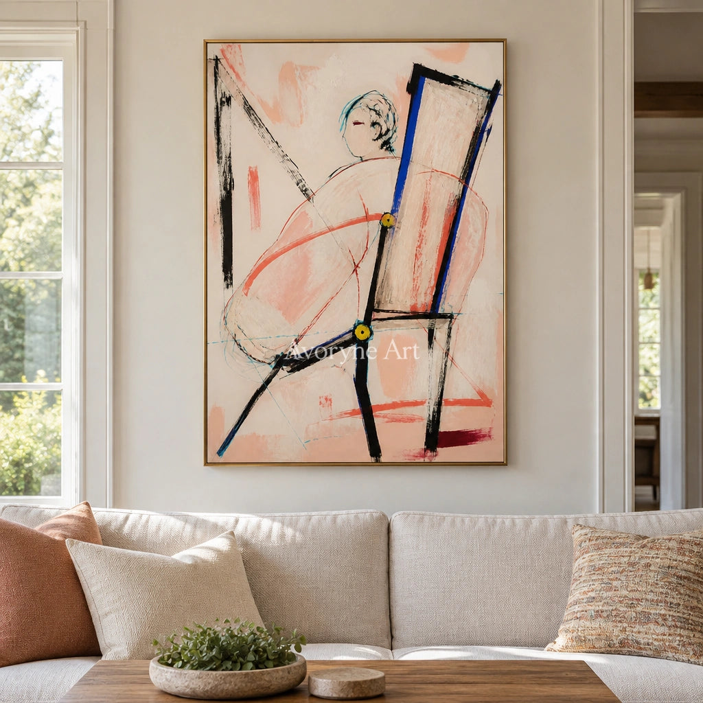 Clear Memory figure line wall art with a gold frame hanging in a living room