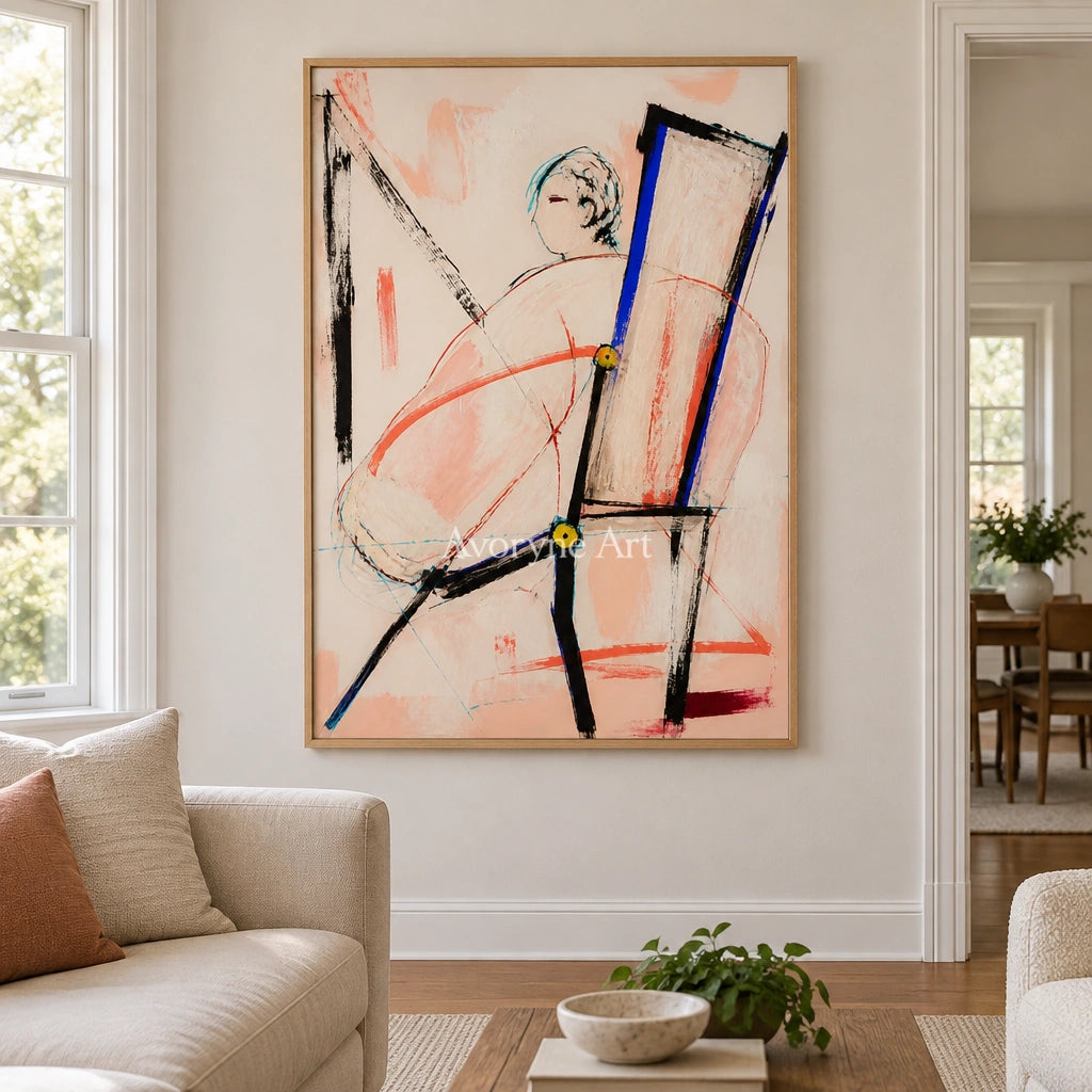 Clear Memory figure line wall art with a wood frame in a villa living space