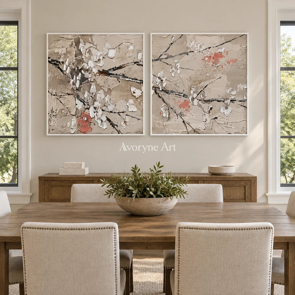Quiet Horizon floral branch diptych with a white frame in a dining room