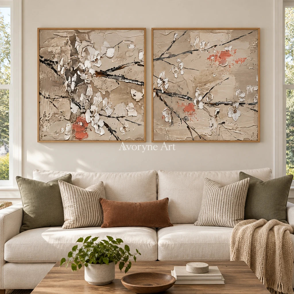 Quiet Horizon floral branch diptych with a wood frame in a villa living space