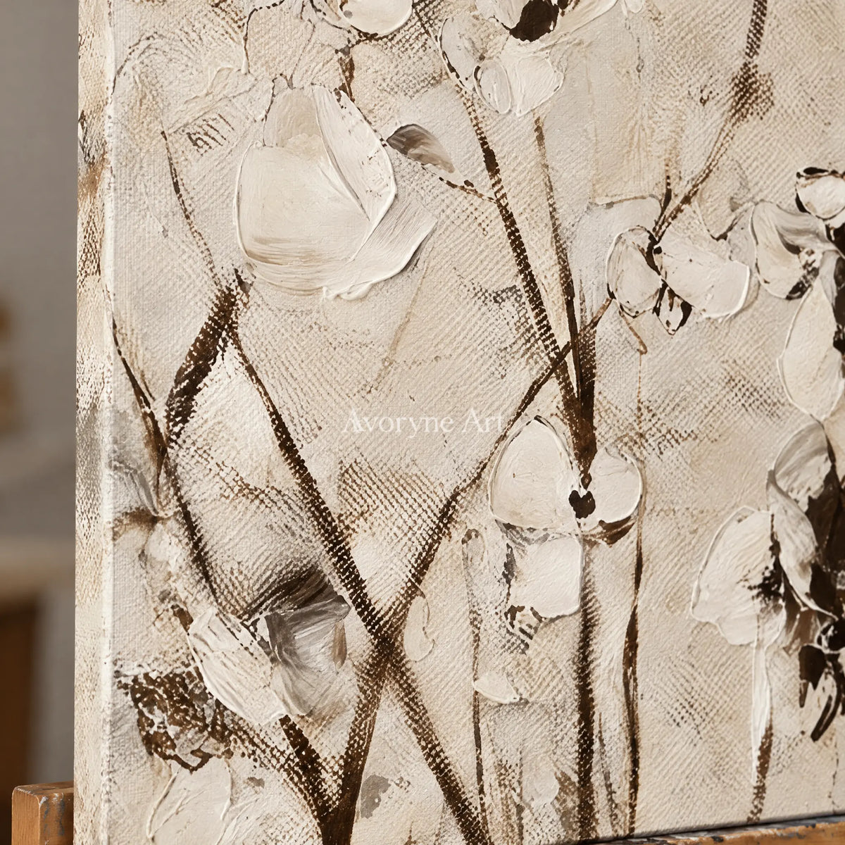 Close-up of the hand-painted texture of Quiet Drift floral branch diptych on an easel