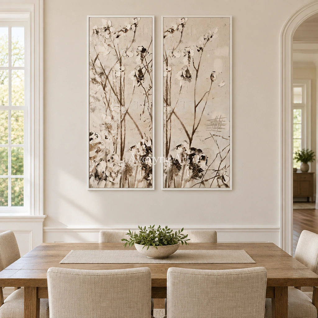 Quiet Drift floral branch diptych with a white frame in a dining room