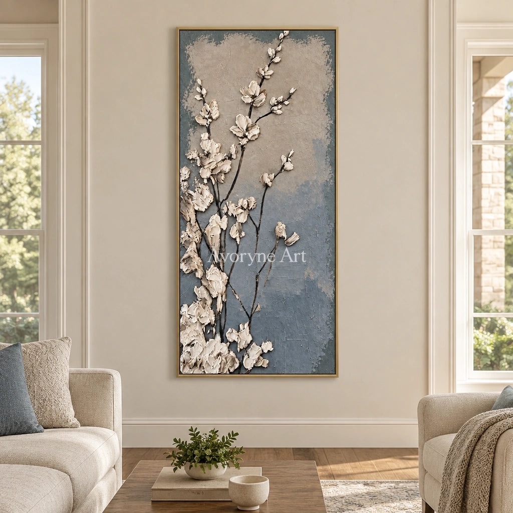 Hidden Vista floral texture wall art with a gold frame hanging in a living room