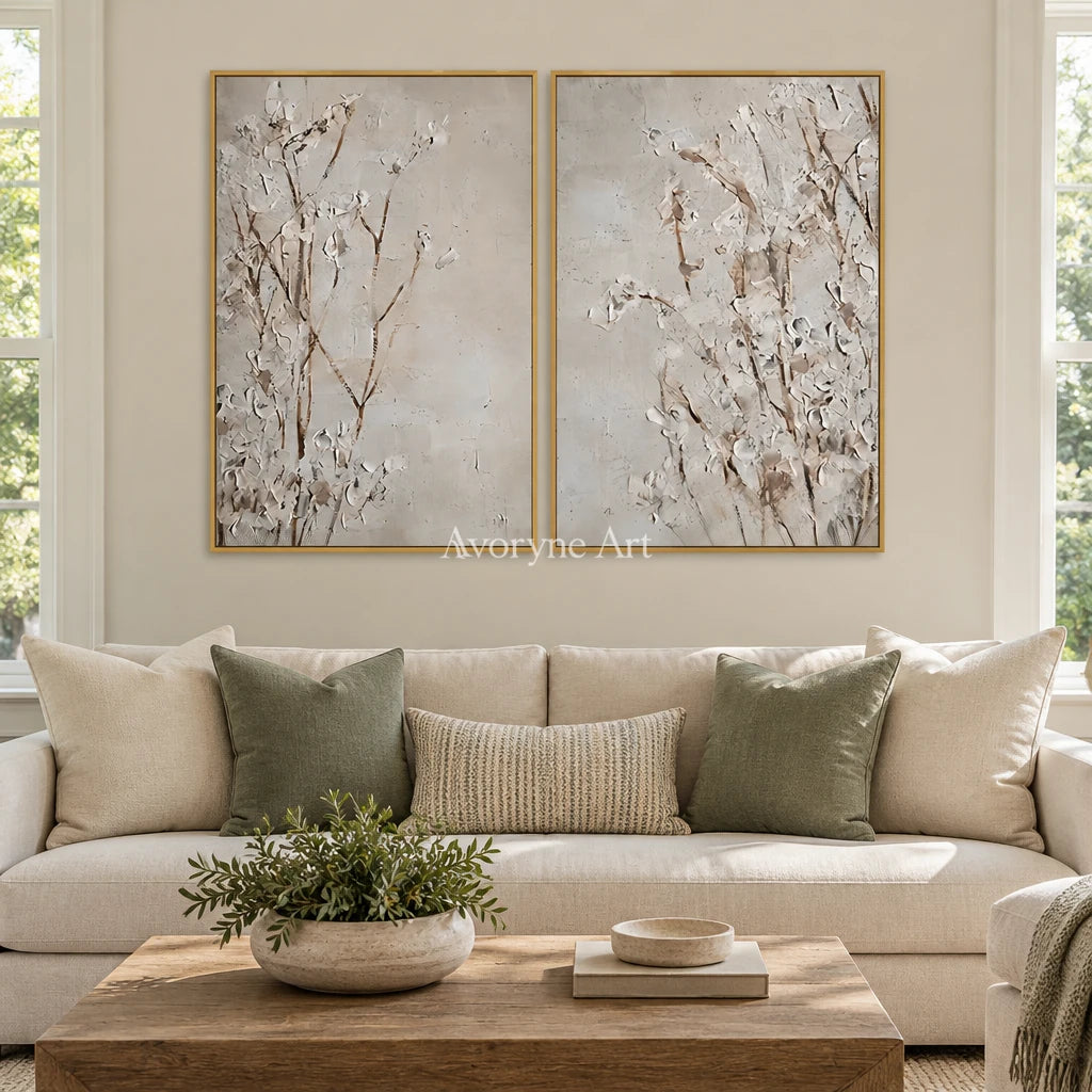 Bright Horizon floral texture diptych with a gold frame hanging in a living room