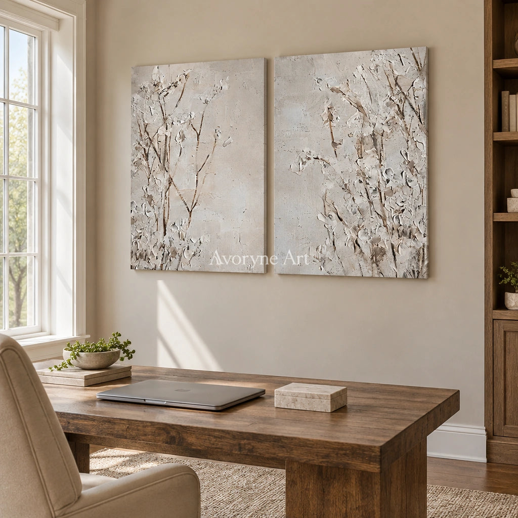Bright Horizon floral texture diptych as a frameless stretched canvas in a home office