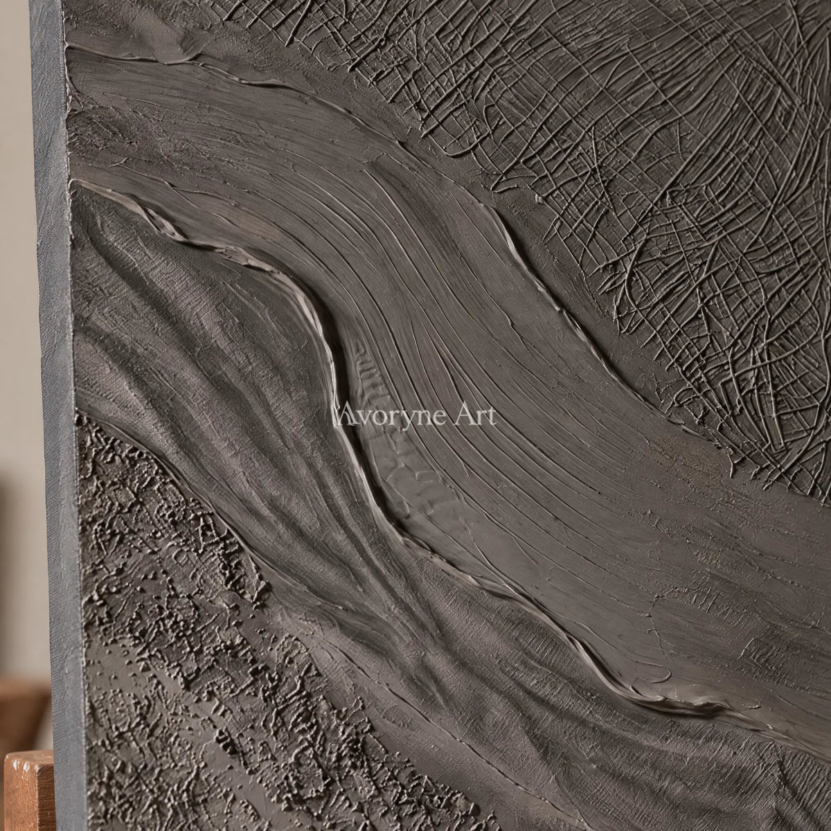 Close-up of the hand-painted texture of Quiet Prelude flowing relief diptych on an easel