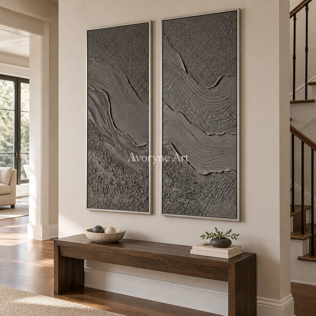 Quiet Prelude flowing relief diptych with a silver frame in an entryway