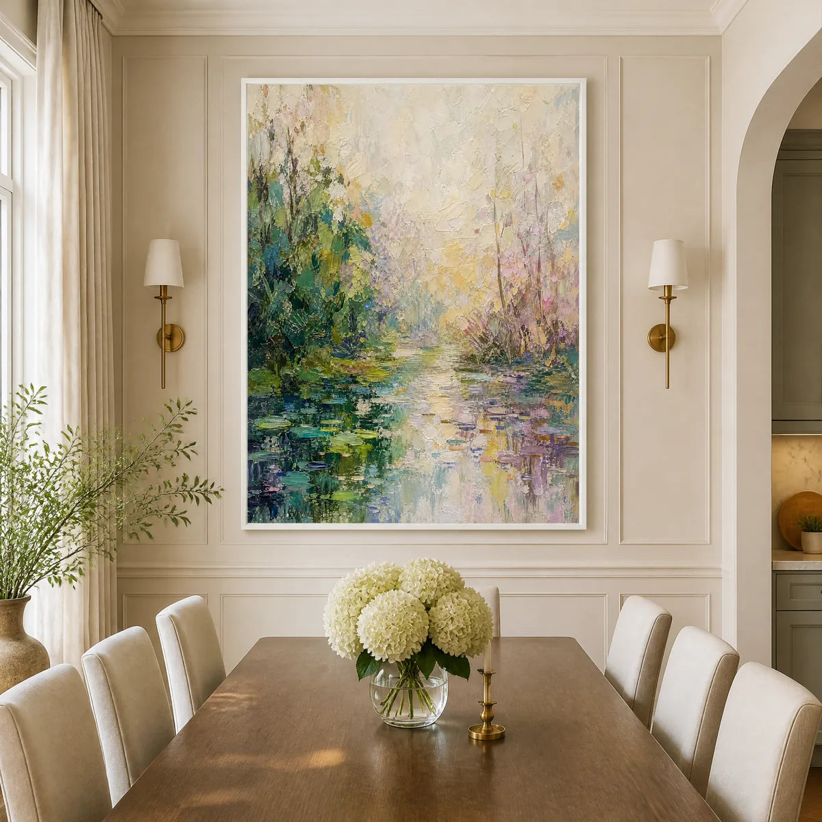 Garden Pond: Floral Landscape Wall Art - dining room white frame