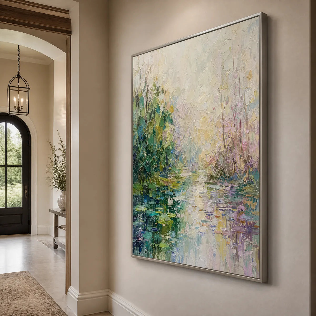 Garden Pond: Floral Landscape Wall Art - hallway silver frame