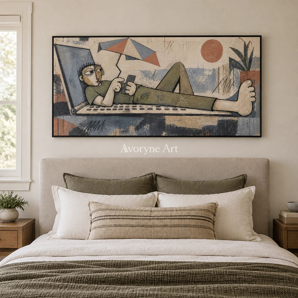 Gentle Memory geometric figure wall art with a black frame above a bed in a bedroom