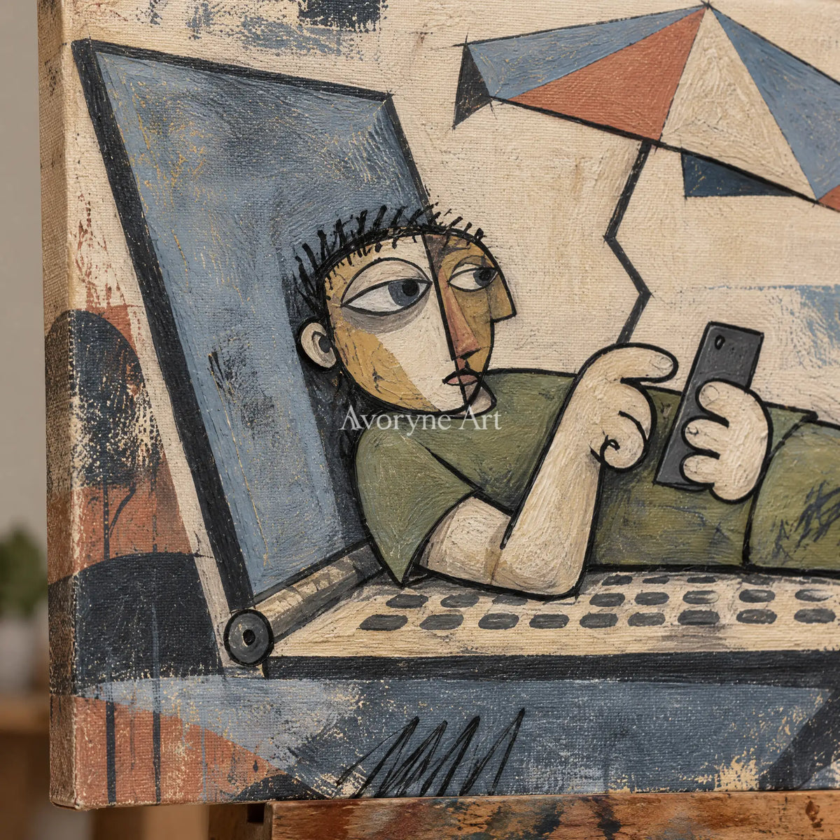 Close-up of the hand-painted texture of Gentle Memory geometric figure wall art on an easel