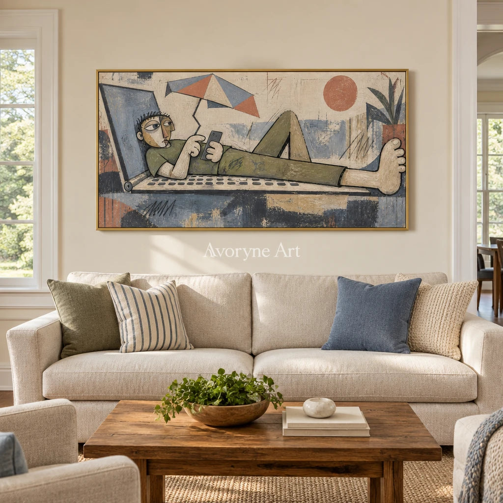 Gentle Memory geometric figure wall art with a gold frame hanging in a living room