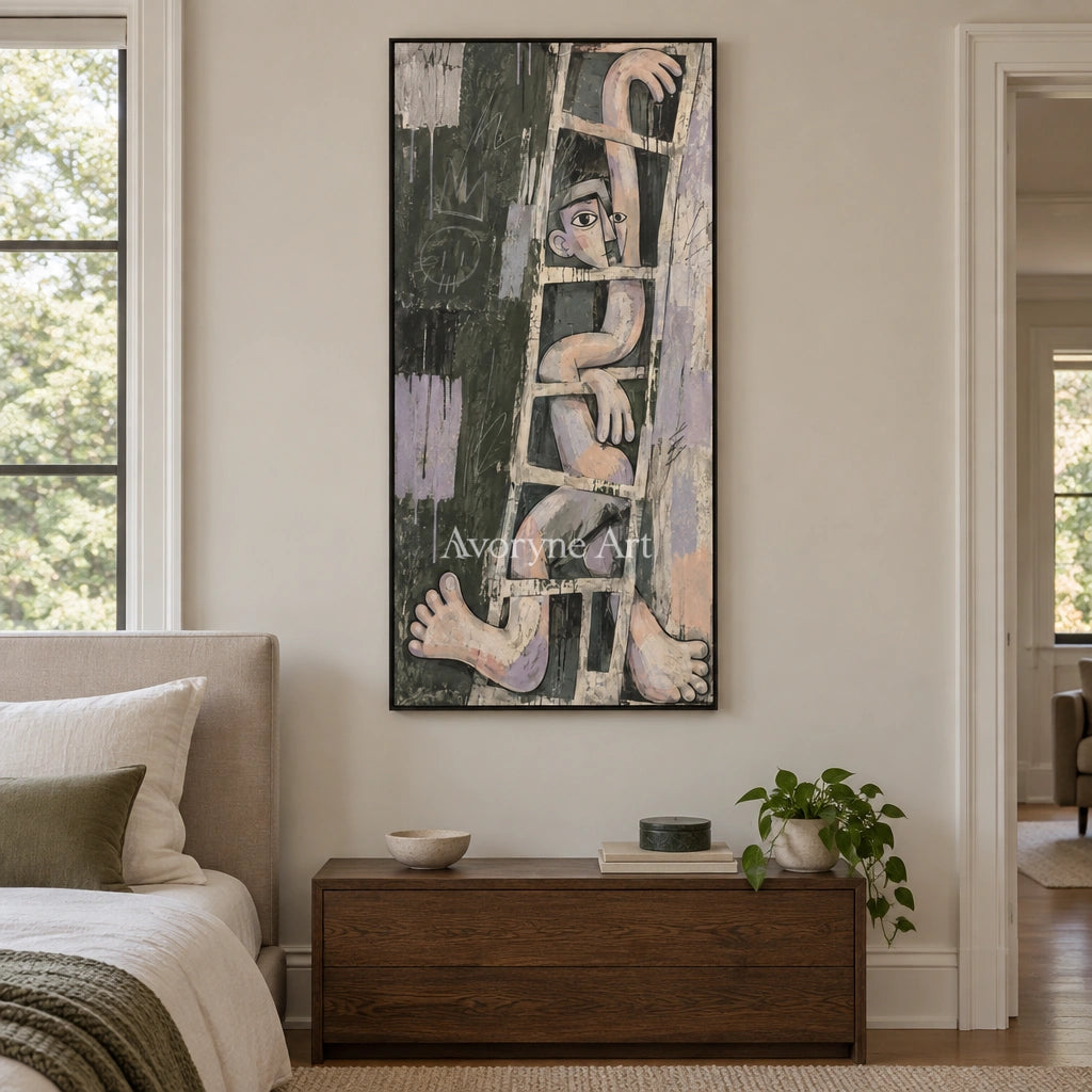 Gentle Prelude geometric figure wall art with a black frame above a bed in a bedroom