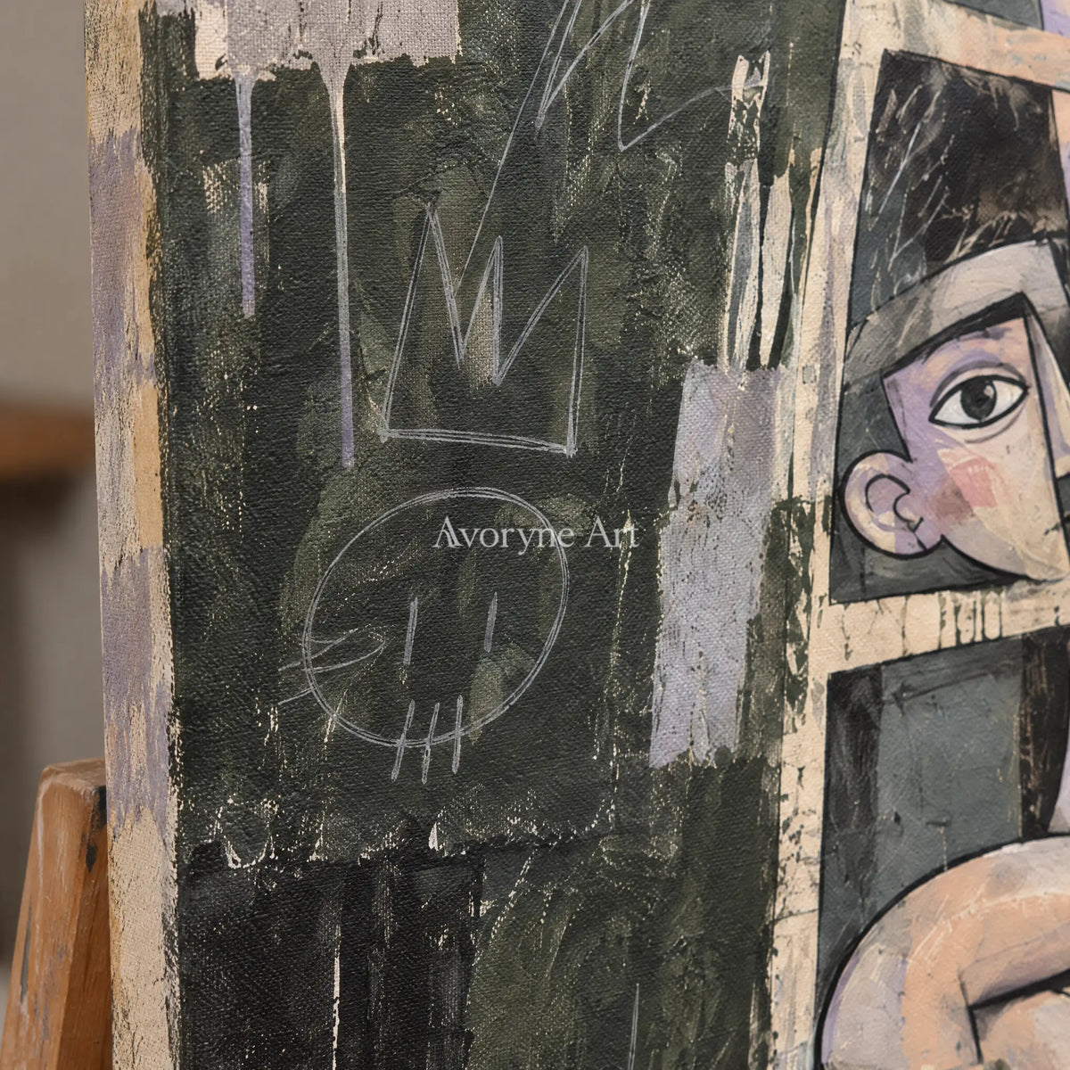 Close-up of the hand-painted texture of Gentle Prelude geometric figure wall art on an easel