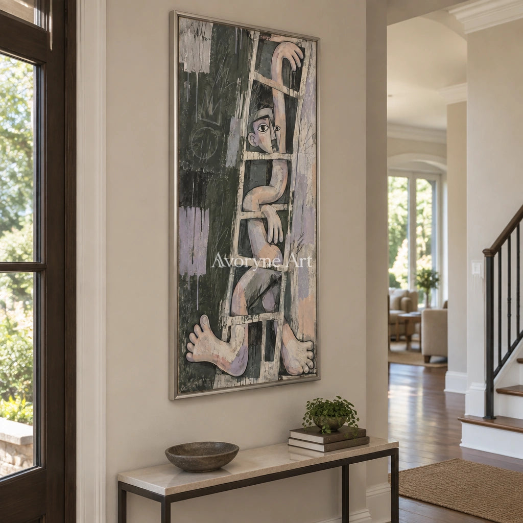 Gentle Prelude geometric figure wall art with a silver frame in an entryway