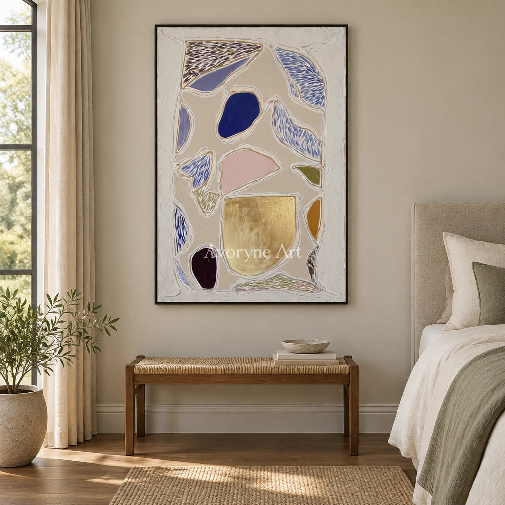 Winding Mosaic geometric texture wall art with a black frame above a bed in a bedroom