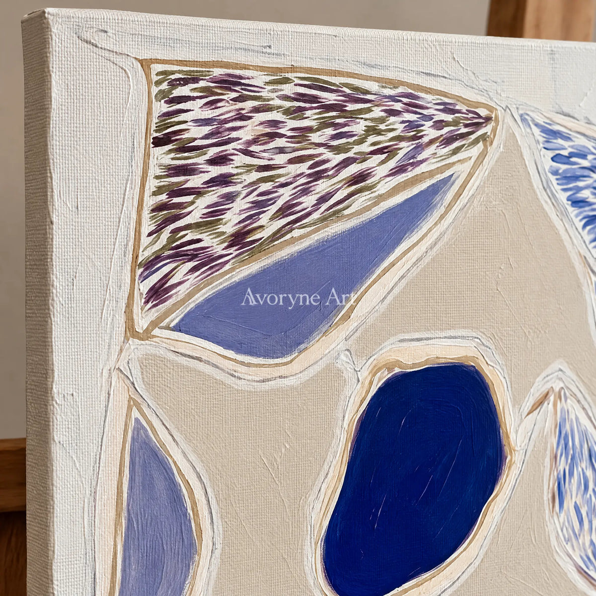 Close-up of the hand-painted texture of Winding Mosaic geometric texture wall art on an easel