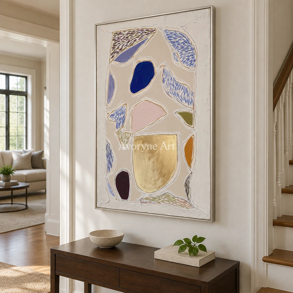 Winding Mosaic geometric texture wall art with a silver frame in an entryway