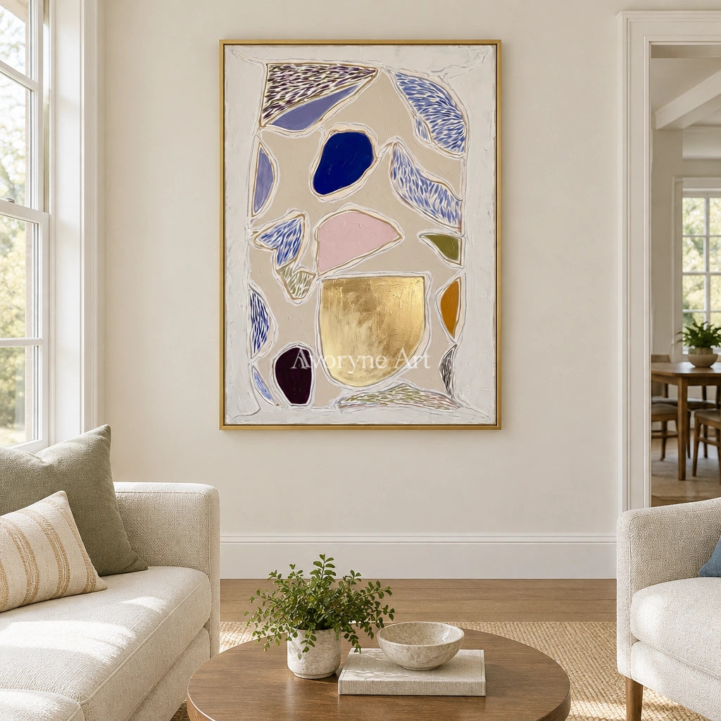 Winding Mosaic geometric texture wall art with a gold frame hanging in a living room