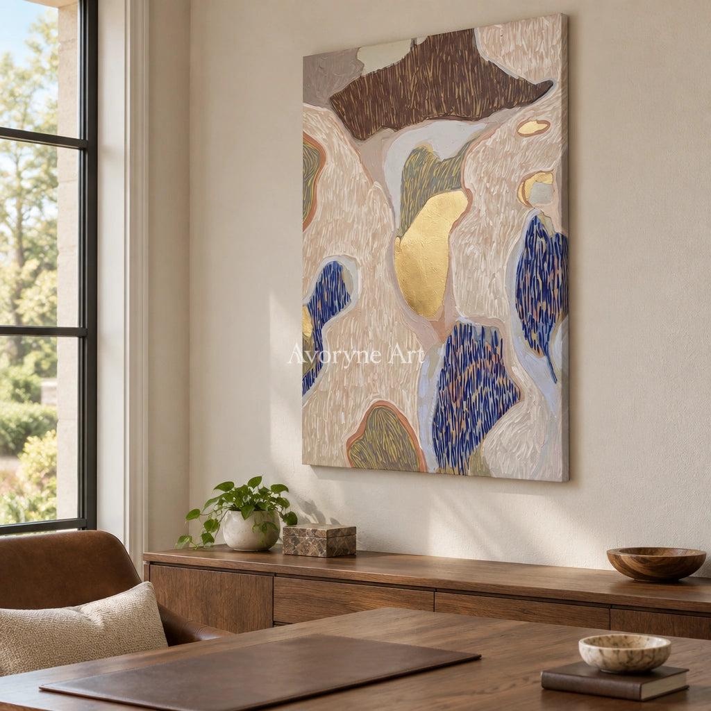Winding Drift geometric texture wall art as a frameless stretched canvas in a home office