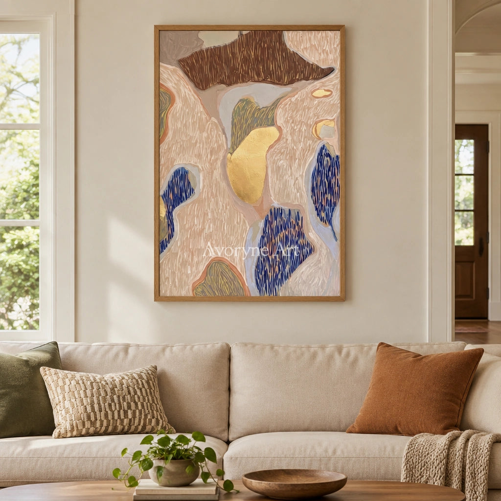 Winding Drift geometric texture wall art with a wood frame in a villa living space