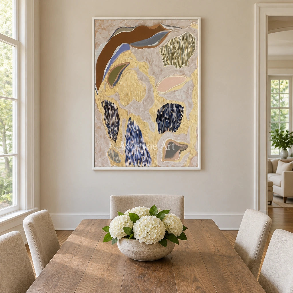 Winding Verse geometric texture wall art with a white frame in a dining room