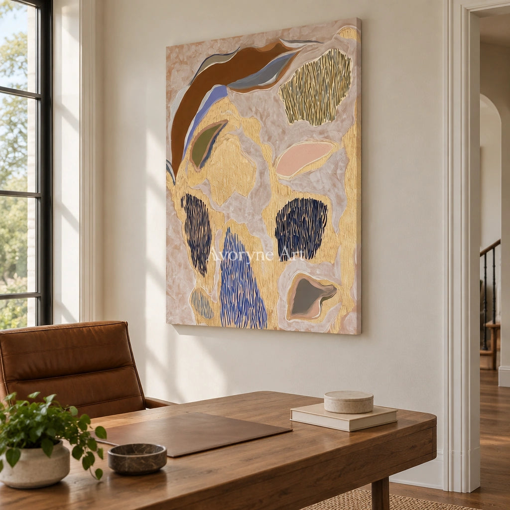 Winding Verse geometric texture wall art as a frameless stretched canvas in a home office