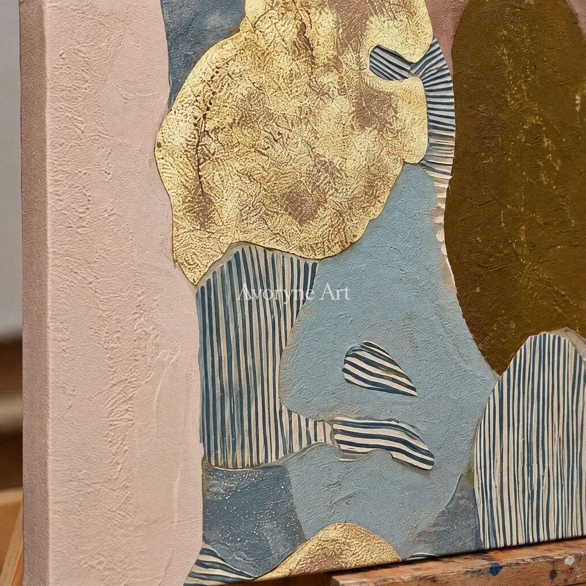 Close-up of the hand-painted texture of Winding Trace geometric texture wall art on an easel