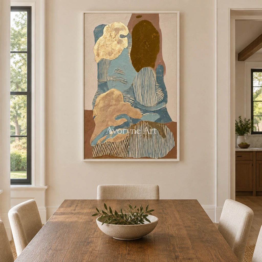 Winding Trace geometric texture wall art with a white frame in a dining room