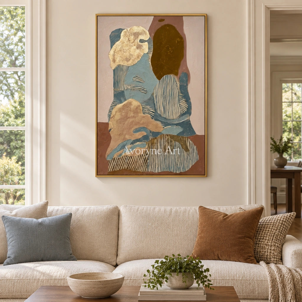 Winding Trace geometric texture wall art with a gold frame hanging in a living room