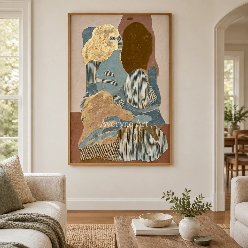 Winding Trace geometric texture wall art with a wood frame in a villa living space