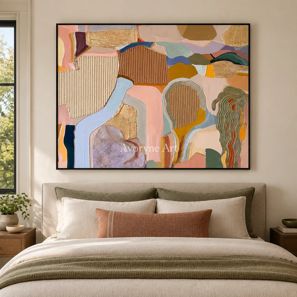 Winding Story geometric texture wall art with a black frame above a bed in a bedroom
