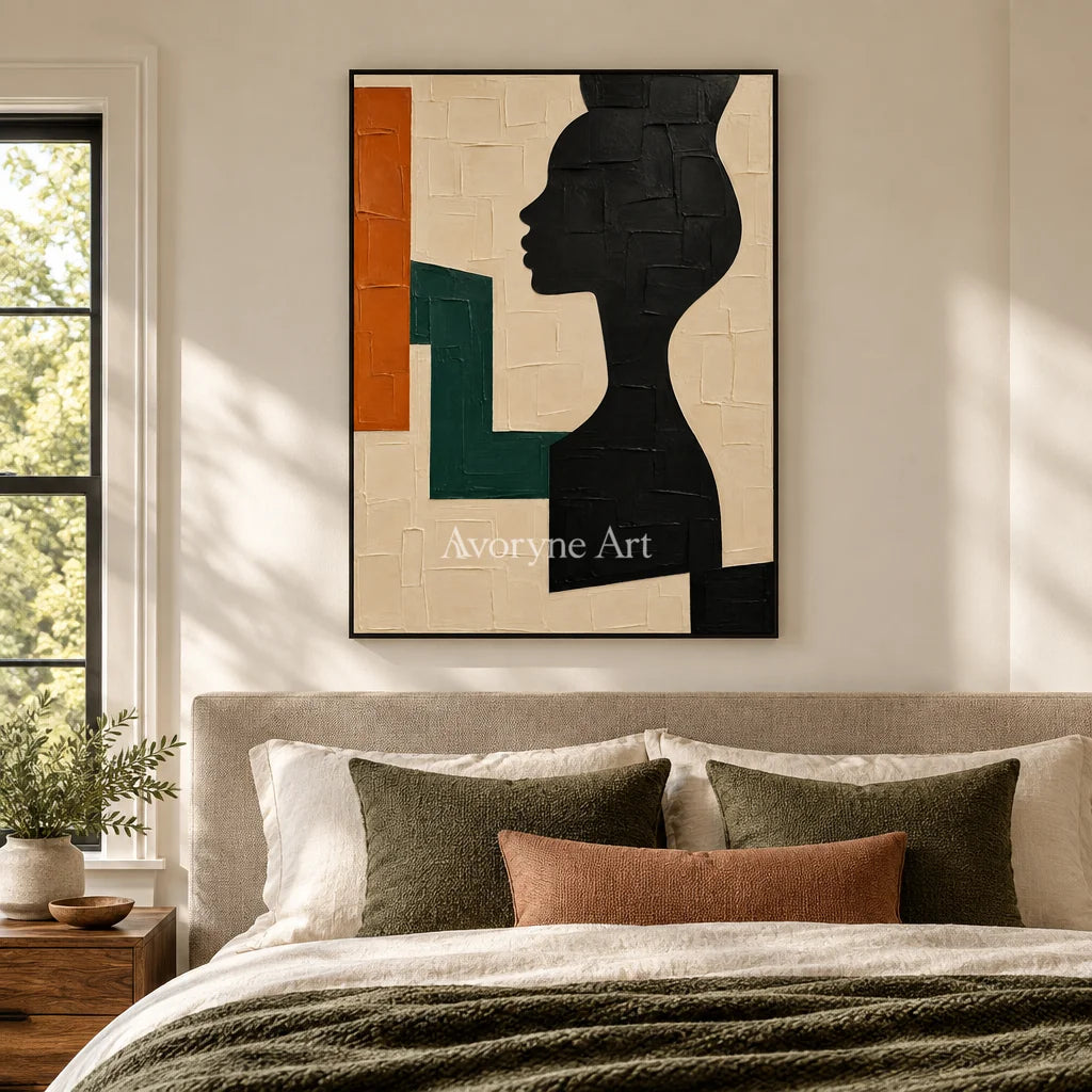 Profile in Sage: Geometric Woman Portrait Wall Art — bedroom black