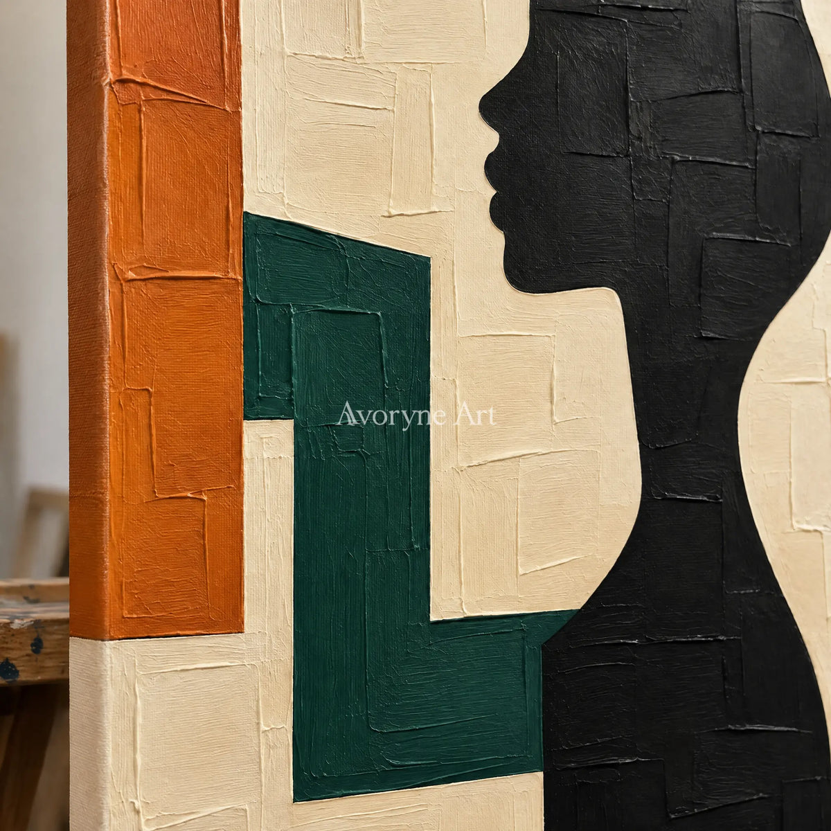 Profile in Sage: Geometric Woman Portrait Wall Art — detail easel