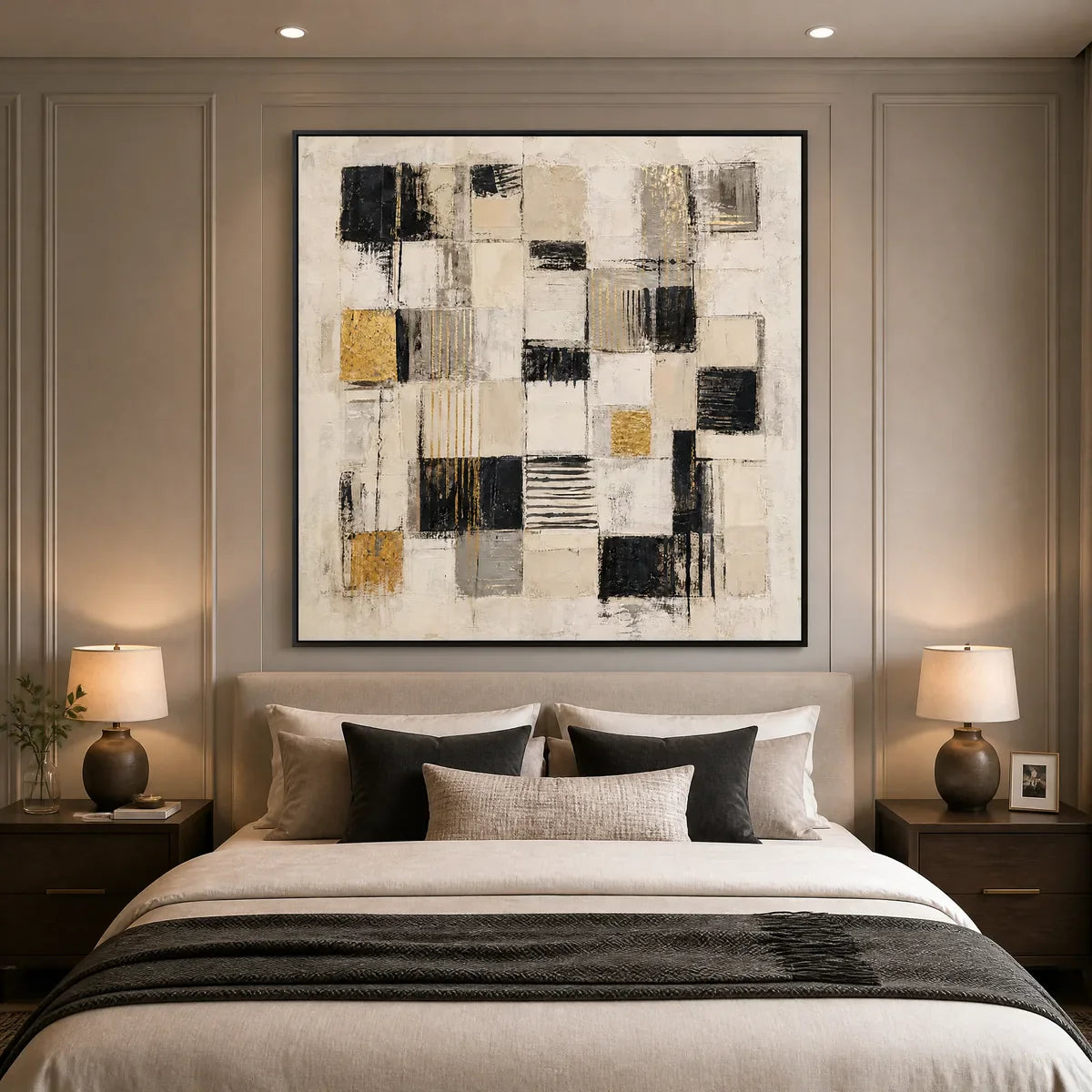 Gilded Blocks: Geometric Abstract Wall Art - bedroom black frame