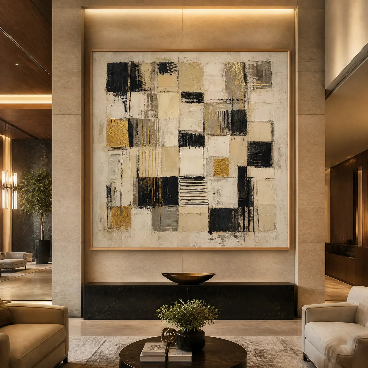 Gilded Blocks: Geometric Abstract Wall Art - hotel wood frame