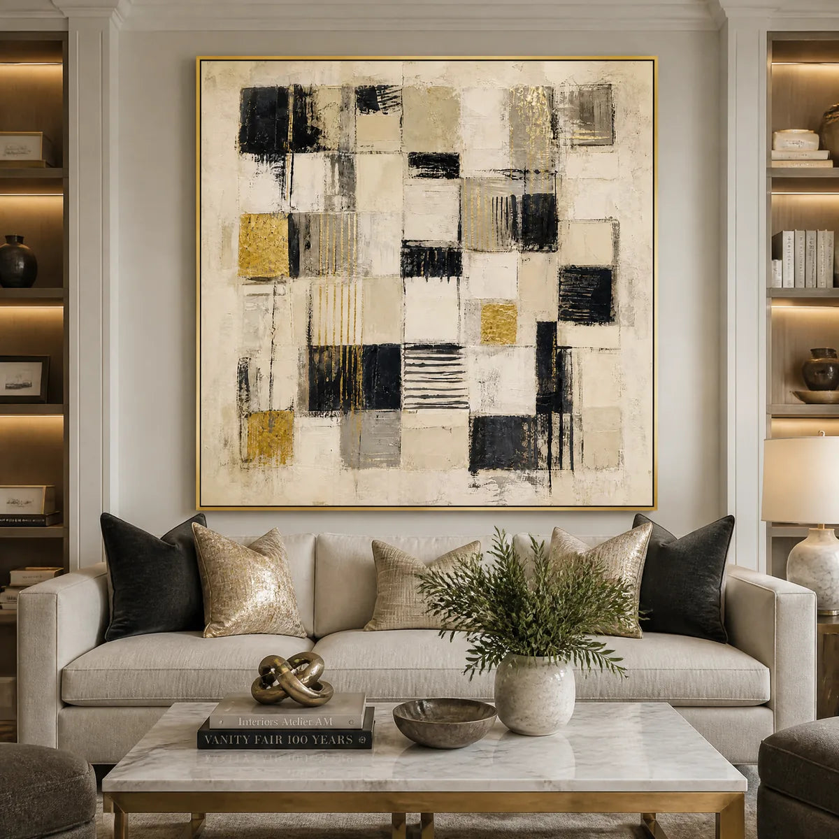 Gilded Blocks: Geometric Abstract Wall Art - living room gold frame