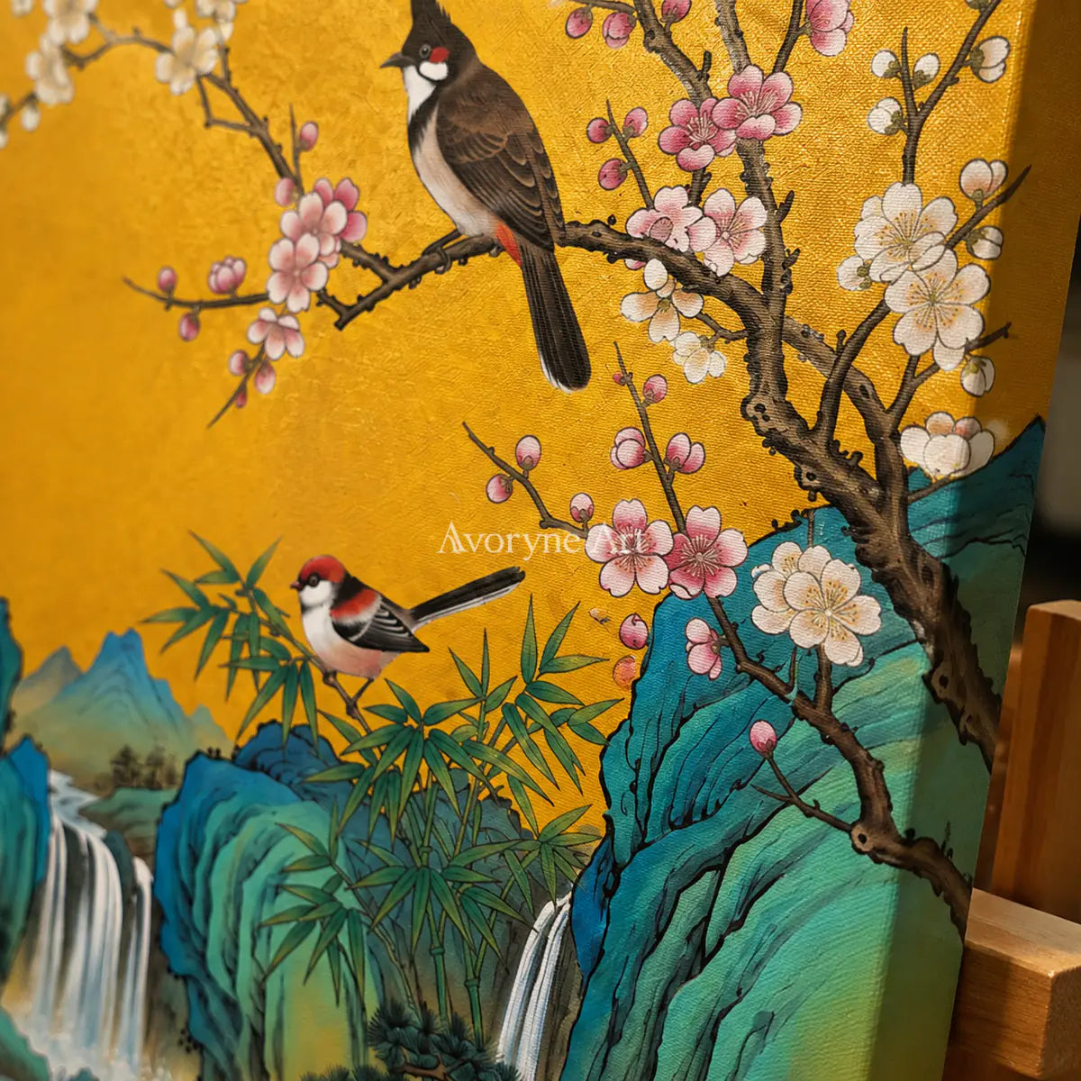Cascade Song: Gold Bird and Waterfall Wall Art — detail easel oblique