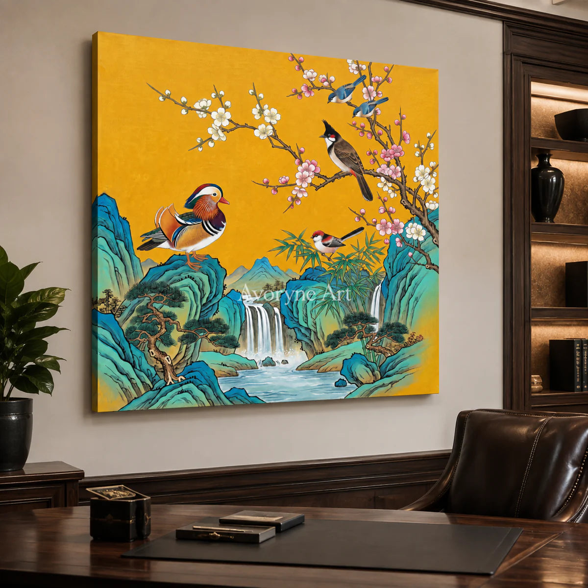 Cascade Song: Gold Bird and Waterfall Wall Art — office frameless oblique