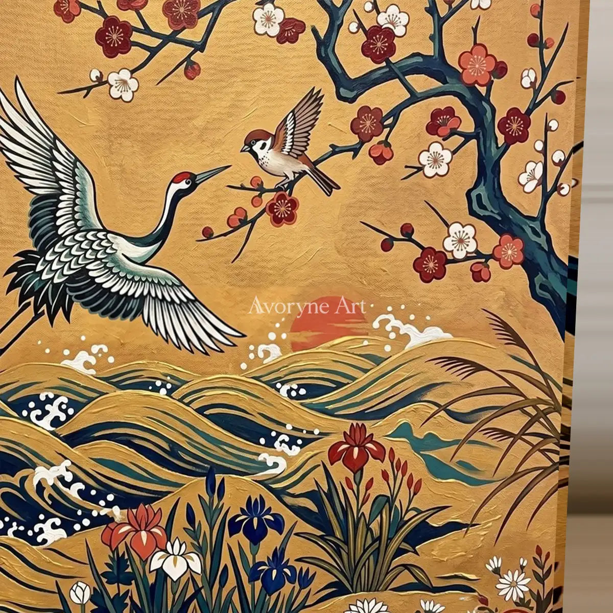 Golden Wingfall: Gold Crane and Blossom Square Wall Art — detail easel