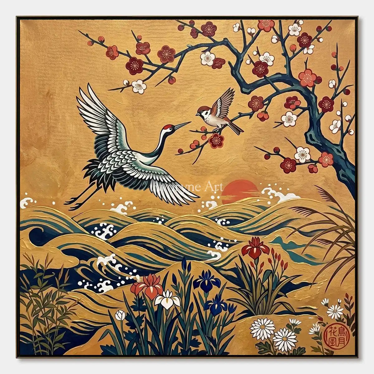 Golden Wingfall: Gold Crane and Blossom Square Wall Art — primary