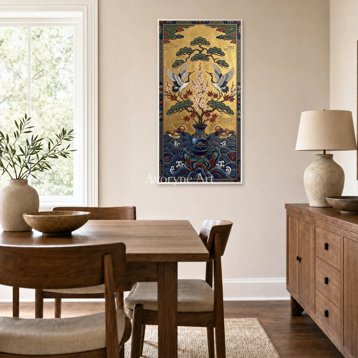 Twin Crane Canopy: Gold Crane and Pine Vertical Wall Art — dining white