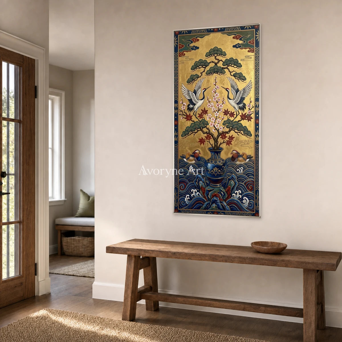 Twin Crane Canopy: Gold Crane and Pine Vertical Wall Art — entry silver