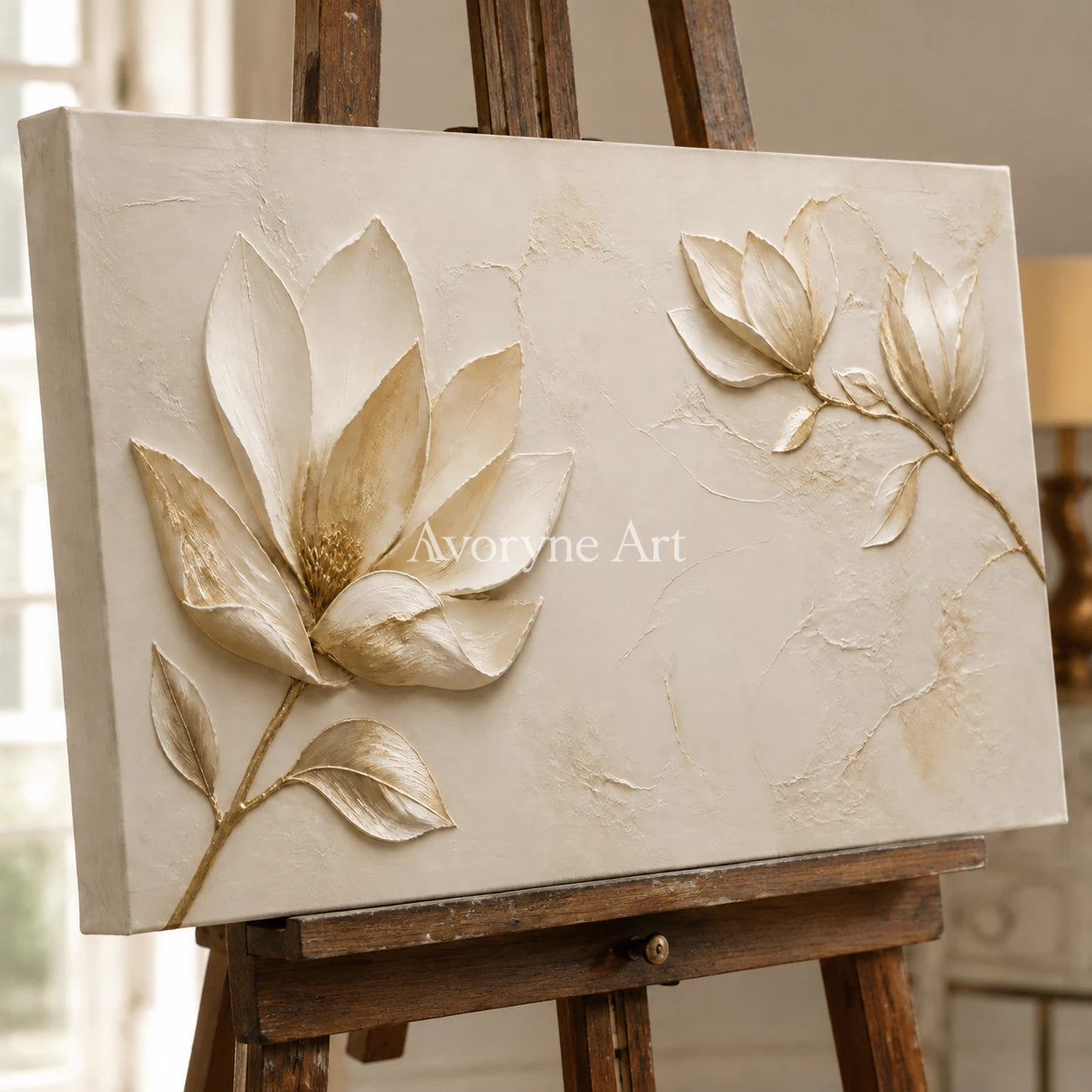 Gilded Magnolia: Gold Floral Relief Panoramic Wall Art - detail