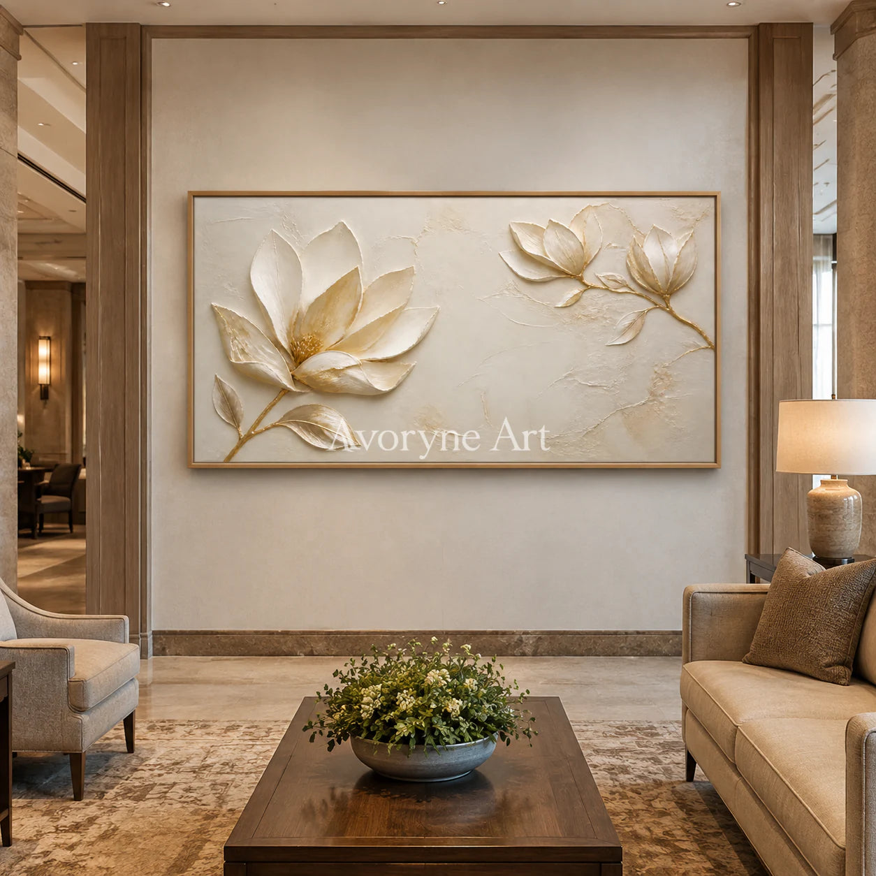 Gilded Magnolia: Gold Floral Relief Panoramic Wall Art - hotel wood frame